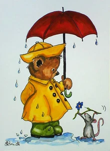 H.Schmidt Maus Bär Teddy*Für Dich*regenmantel regenschirm gummistiefel Aquarell - Bild 1 von 1