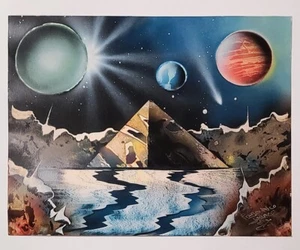 Original Signed Vintage Spraypaint Pop Art Painting, Space Rock Pyramids Water - Picture 1 of 5