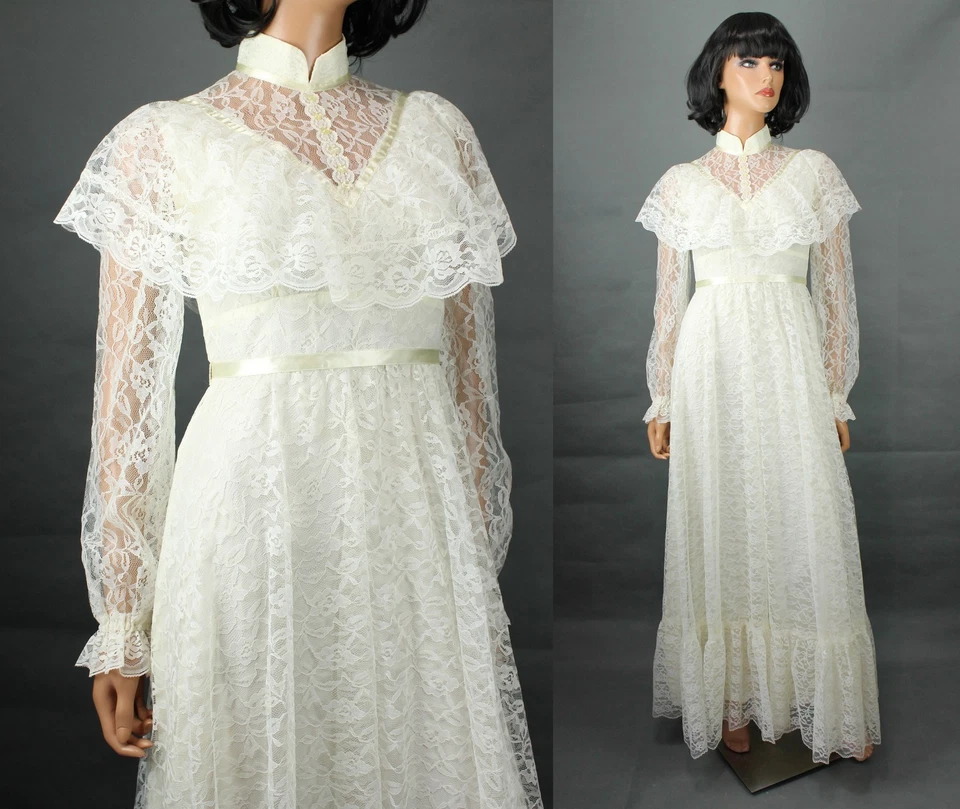 Vestido de novia hippie XS vintage años 70 cuello alto marfil blanco roto encaje capa vestido Foto 1 de 4