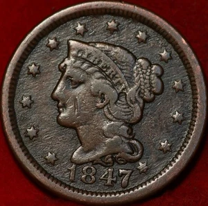1847 Philadelphia Mint Copper Braided Hair Large Cent - Picture 1 of 2