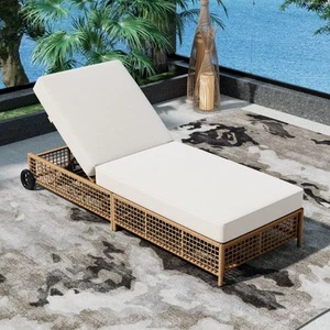 Outdoor Chaise Lounge with Cushion, 5-Position Backrest, PE Rattan & Iron - Picture 1 of 8