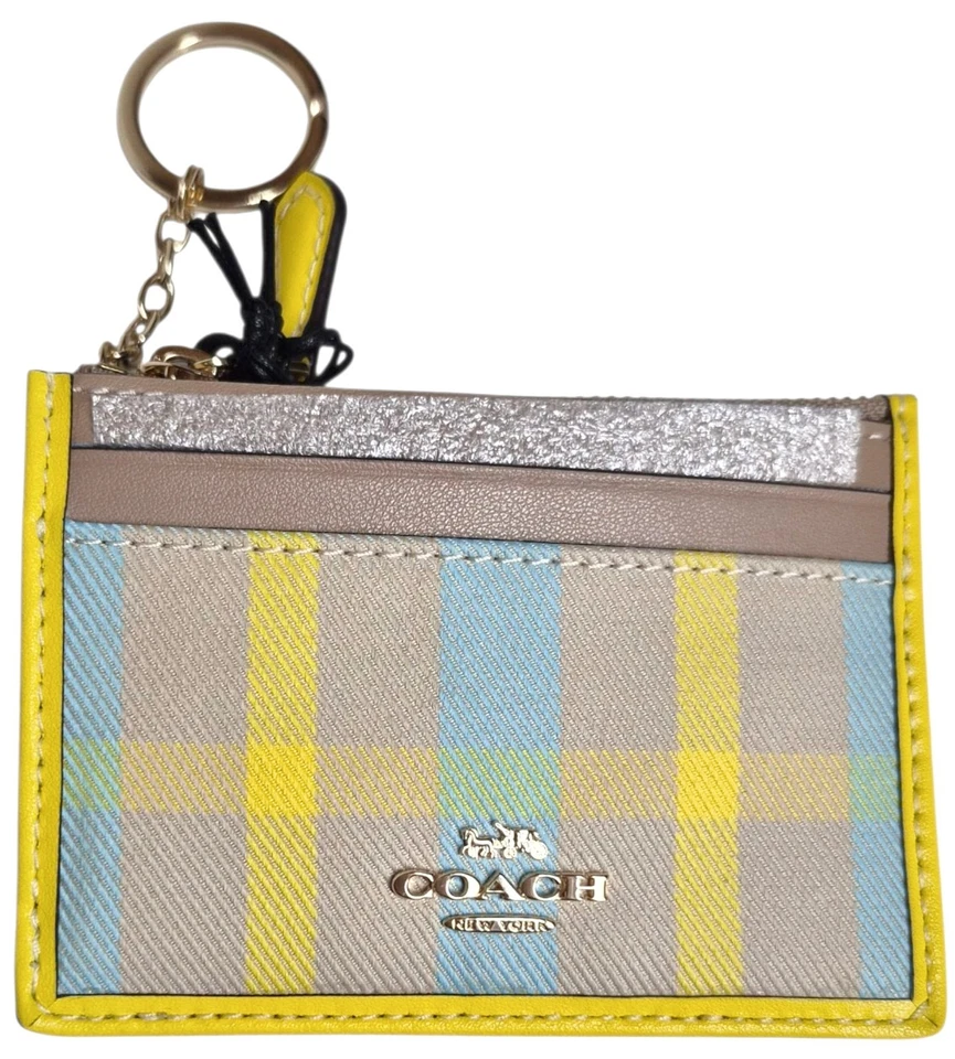 COACH Mini Skinny Id Case With Plaid Print CBL88 Gold/Maize Multi