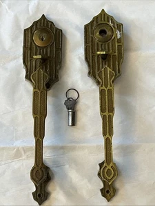 Vintage Messingguss Art Deco Industrie Türgriffe Doppeltürbeschlag mit Schlüssel - Bild 1 von 8