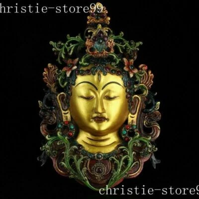 11.2" Budismo Tibetano Bronce Dorado pintado Tara Kwan-Yin diosa Buda máscara de cabeza Foto 1 de 4