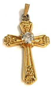Lind Cross Religious Pendant Signed 14KT GE Facet Rhinestone Gold Electroplate - Picture 1 of 5