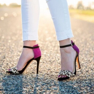 Sandalias de mujer punta abierta tacones altos correa para el tobillo leopardo púrpura zapatos talla grande 4-20 Foto 1 de 4