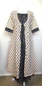 Neu mit Etikett zweiteiliges Kleid Kameez Kurta Baumwolle blau beige Libas Gr. L ethnischer Druck indisch - Bild 1 von 8