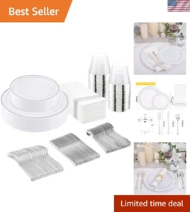 175-Pc Plastic Dinnerware Set for 25 Guests with Silver Rim, BPA-Free, Reusable - Picture 1 of 11
