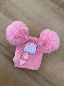 Baby Girls Big Pom Pom Bow Knitted Spanish Romany Style Winter Warm Hat 0-6M