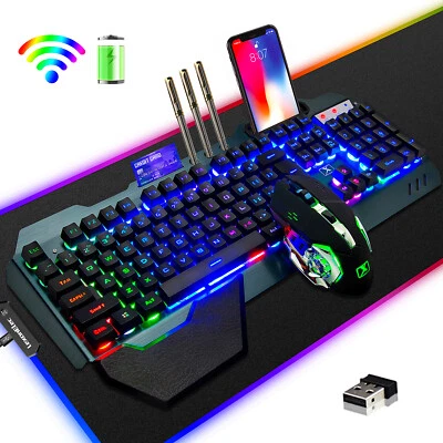 3in1 Rainbow LED Backlit Gaming Keyboard and Mouse Sets Wireless For PC Mac PS4 - Image 1 of 4