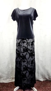 NWT KATE HILL Silk Maxi Skirt & Top 2pc Set Black Velvet Floral Size 8 Medium - Picture 1 of 11