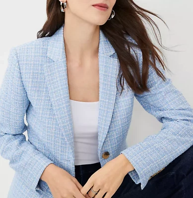 NEW ANN TAYLOR BLUE WHITE TWEED THE GREENWICH BLAZER JACKET SZ 0 - Image 1 of 4