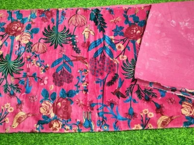 Pink Soft Velvet Floral Print Fabric Indian Dress Sewing Upholstery Fabric BY YD - Image 1 of 4