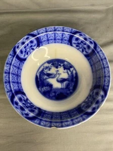 VINTAGE MONGOLIA JOHNSON BROTHERS ENGLAND FLOW BLUE 7.5” RIMMED BOWL BIRDS - Picture 1 of 7