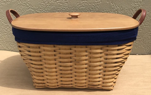 Longaberger Oval Laundry Basket W/ Blue Fabric Liner Lid Large 2003 Storage Cover