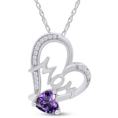 Purple Amethyst & White Sapphire "Mom" Heart Pendant 925 Sterling Silver - Image 1 of 4
