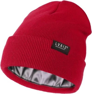 Satin Lined Winter Beanie Hats for Women Knitted Watch Hat One Size, Wine Red - Picture 1 of 6