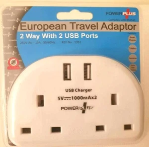 European Travel Adaptor (2pin plug) with Double Wall Sockets with 2 x USB Ports - Picture 1 of 2