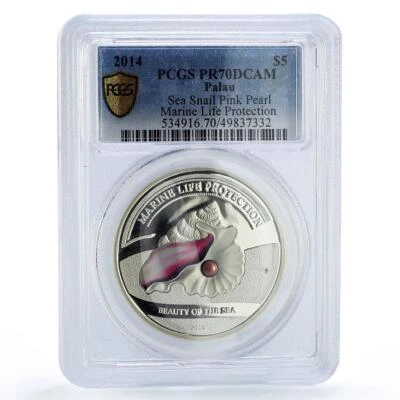 Palau 5 dollars Marine Life Sea Beauty Pink Shell PR70 PCGS silver coin 2014 - Image 1 of 2