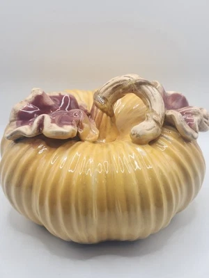 Handmade Glazed Ceramic Pumpkin Centerpiece Fall Decor Ribbed Gourd w/ Leaves 8” - Image 1 of 4