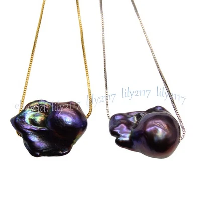 Collar Flotante Colgante Perla Barroca Keshi Negro Brillo Natural 18"" Foto 1 de 4