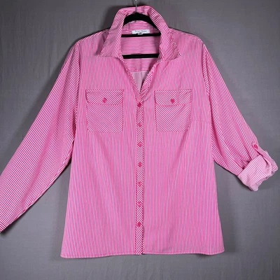 STUDIO работает женщин 2 X блузка полоски карманы кнопка эластичной белый розовый B5 - Изображение 1 из 4