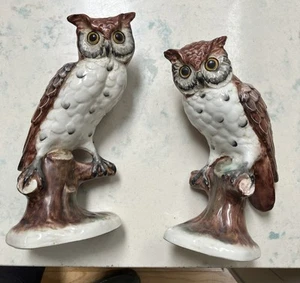 Vintage Hand-Painted PAIR of OWLS Figurine Statue ITALY Art Pottery 9.5” - Picture 1 of 16