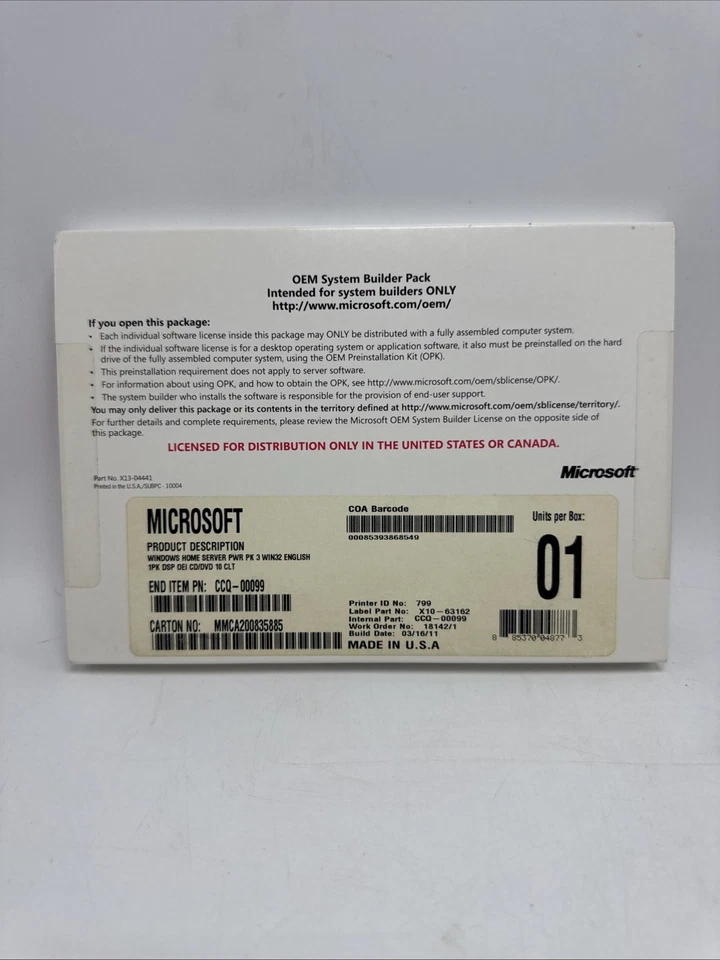 Microsoft Windows Home Server OEM System Builder Pack Made In USA X10-63162 New - Image 1 of 4