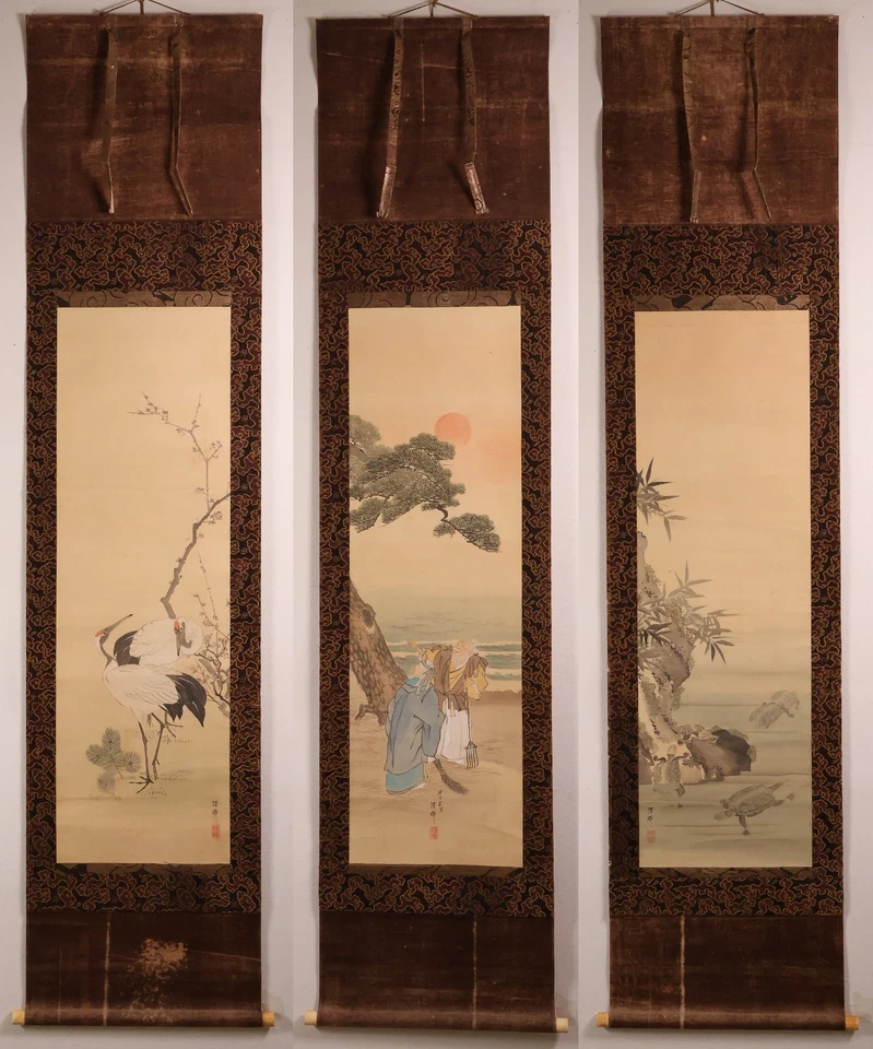 Японский висячий свиток с ручной росписью KAKEJIKU 3 шт. от Yokoyama Seiki эпохи позднего Эдо - Изображение 1 из 4