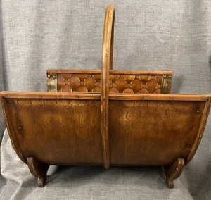 Magazine Newspaper Kindling Holder Wood/Rattan/Brass w/Brass Accent Vintage - Picture 1 of 8