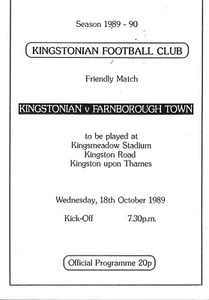 KINGSTONIAN V FARNBOROUGH TOWN 18 OCT 1989 PRE-SEASON FRIENDLY VGC - Picture 1 of 1