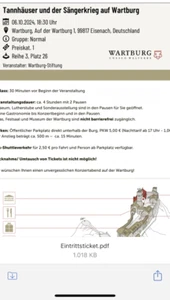 Eintrittskarte für Tannhäuser von Richard Wagner am 06.10.24 auf der Wartburg - Bild 1 von 1
