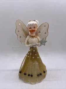 Vintage Draht Goldgeflecht Stoff Weihnachten Engel Baumspitze bemalt Keramik Kopf - Bild 1 von 6