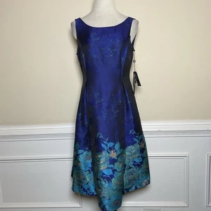 Vestido Adrianna Papell Azul Floral Borde Jacquard Sin Mangas Bolsillos Talla 10 - Imagen 1 de 10