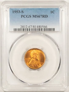 1953-S LINCOLN CENT - PCGS MS-67 RD, SUPERB GEM! ATTRACTIVE! - Picture 1 of 3