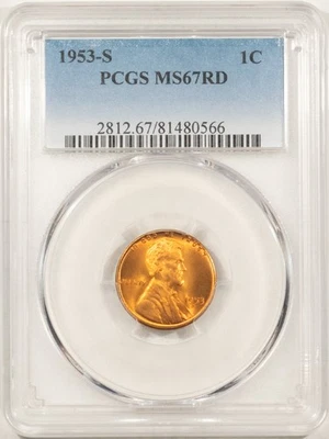 1953-S LINCOLN CENT - PCGS MS-67 RD, SUPERB GEM! ATTRACTIVE! - Image 1 of 3