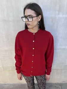 Burberrys Women Cardigan Red 100% Lambswool Scotland Gold Logo Buttons Size 42 - Picture 1 of 12