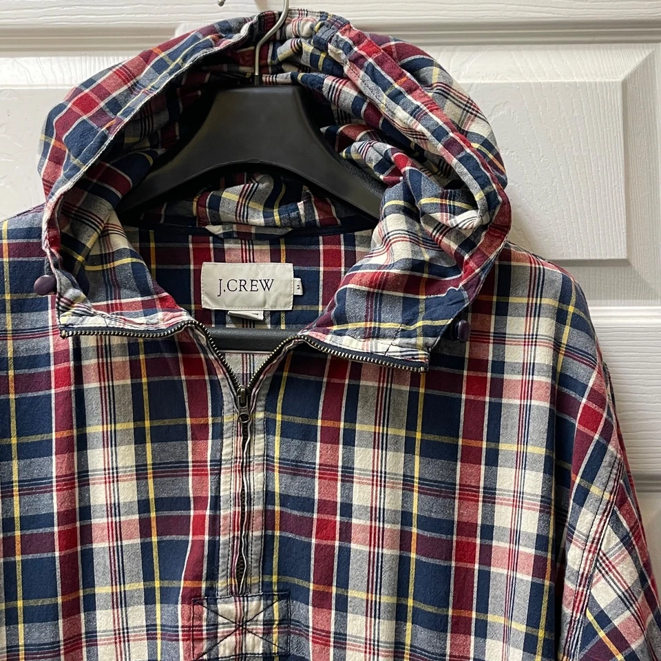 Vintage J. Crew Men's Medium Navy/Red Plaid Cotton Hooded Anorak Jacket 90's - Image 1 of 4