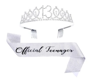 13th Birthday Tiara & Sash Set Teen Girl Silver Crystal Crown Birthday Gift - Picture 1 of 5
