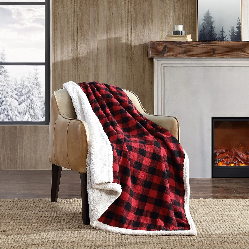 Eddie Bauer 216689 Cabin Plaid Flannel Sherpa Throw Red