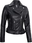 Waist Belted Biker Women's 100% Black Lambskin Leather Jacket Classic Front Zip