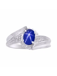 Rylos 14k White Gold Ring  Simulated Blue Star Sapphire & Diamond 7X5MM Gem - Picture 1 of 3