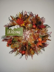 WELCOME autumn Spring Mesh Front Door Wreath Wall Decor Bright colors large - Picture 1 of 10
