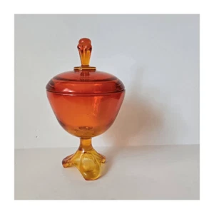 Vintage MCM Viking Orange Persimmon Amberina Three Toe Foil Pedestal Candy Jar L - Picture 1 of 5