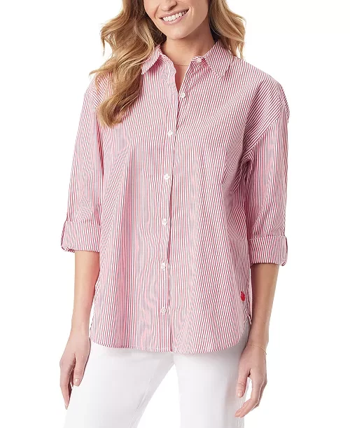 Camisa para mujer Gloria Vanderbilt Amanda a rayas con botones delanteros - amapola roja, talla M Foto 1 de 1