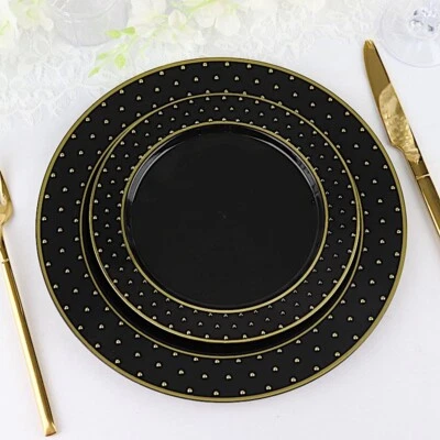 10 Black 7" Round Disposable Salad PLASTIC PLATES Gold 3D Dots Trim Party Events - Image 1 of 4