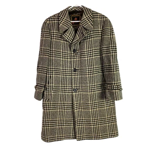 Vintage DiMira Rexmode Black Brown Checked Wool 3 Button Overcoat Coat Chest 50" - Picture 1 of 6
