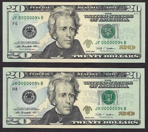 🇺🇸 LOT OF (2) 2009 $20 MATCHED LOW S/N ♚♚00000094♚♚ GEM UNC++ SUPER BOLD&CRISP - Picture 1 of 6