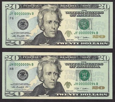 🇺🇸 LOT OF (2) 2009 $20 MATCHED LOW S/N ♚♚00000094♚♚ GEM UNC++ SUPER BOLD&CRISP - Image 1 of 4