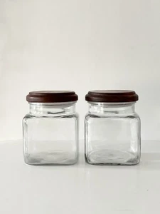 VTG 2 Anchor Hocking Glass Canisters 6" Jars Dolphin Teakwood Lids Square - Picture 1 of 8
